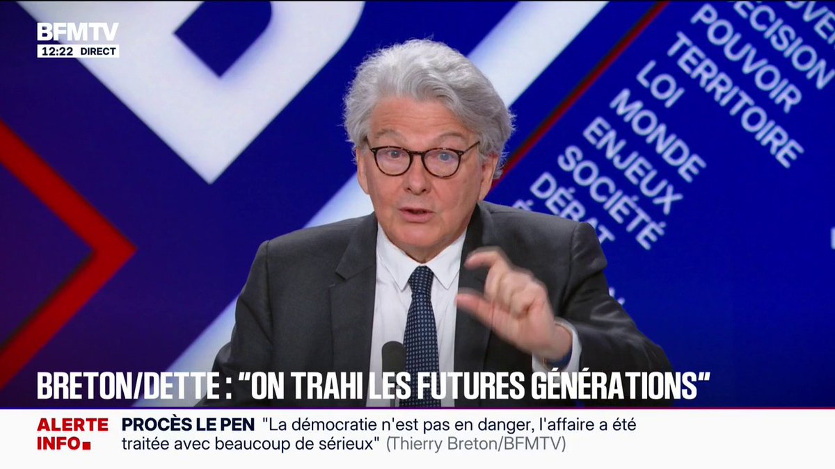 Thierry Breton, ancien commissaire européen, estime que laisser filer la dette est "une trahison absolue pour les générations suivantes"