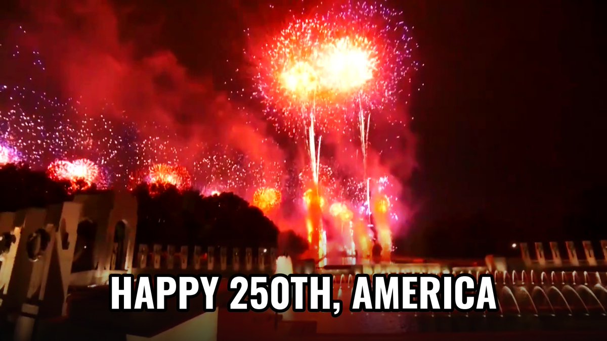 America turns 250 and the sky over the National Mall answers back. Fireworks over the WWII Memorial for the nation's semiquincentennial. Two and a half centuries of freedom, still burning bright.