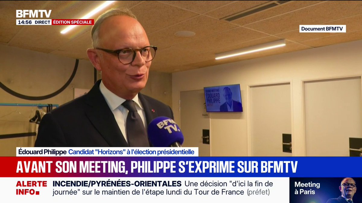 🗨️ "Un moment d'accélération, de lancement de campagne, c'est un moment important, je le prends très au sérieux" Édouard Philippe, candidat à la présidentielle 2027, s'est exprimé au micro de BFM avant le début de son meeting