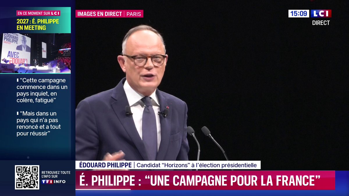 🇫🇷🗳️🗣️ "Ce qui va se jouer dans cette campagne, ce n'est pas seulement le choix d'un Président. C'est le choix d'un cap, d'une foi dans la France (...) La colère ne suffit pas pour gouverner un pays" : Édouard Philippe 📺 Meeting à suivre en direct sur LCI ⬇️