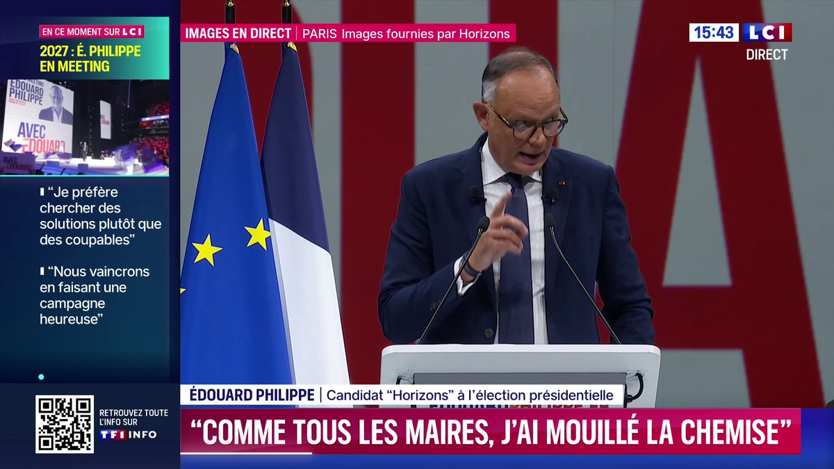 🇫🇷🗳️🗣️ "Comme tous les Premiers ministres, j'ai connu des crises. Comme tous les Premiers ministres, je n'ai pas tout bien fait. Mais j'ai réussi des choses, dont je suis fier" : Édouard Philippe 📺 Meeting à suivre en direct sur LCI ⬇️