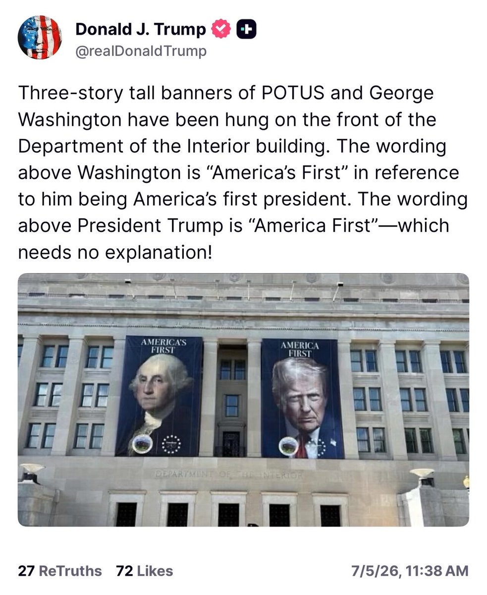 🇺🇸 Trump Shares Powerful Patriotic Banners at Department of the Interior — (Video: AI) President Trump just posted about three-story tall banners featuring himself and George Washington now hanging on the front of the Department of the Interior building. The wording above Washington references him as “America’s First” president, while the banner above Trump proudly displays “America First” — a clear and powerful statement. This is a strong visual tribute to American heritage and leadership on day one vibes. What do you think of this bold display honoring our nation’s past and present? Should we have more of the positive and patriotic messaging displayed nationwide?