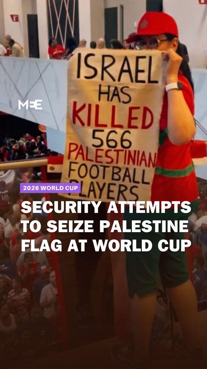🇲🇦🇨🇦 After Morocco beat Canada 3-0 in the World Cup, security tried to take a Palestinian flag from a Moroccan fan in the concourse at Houston’s NRG Stadium. The crowd immediately started chanting “Free Palestine”. Writer: Sol