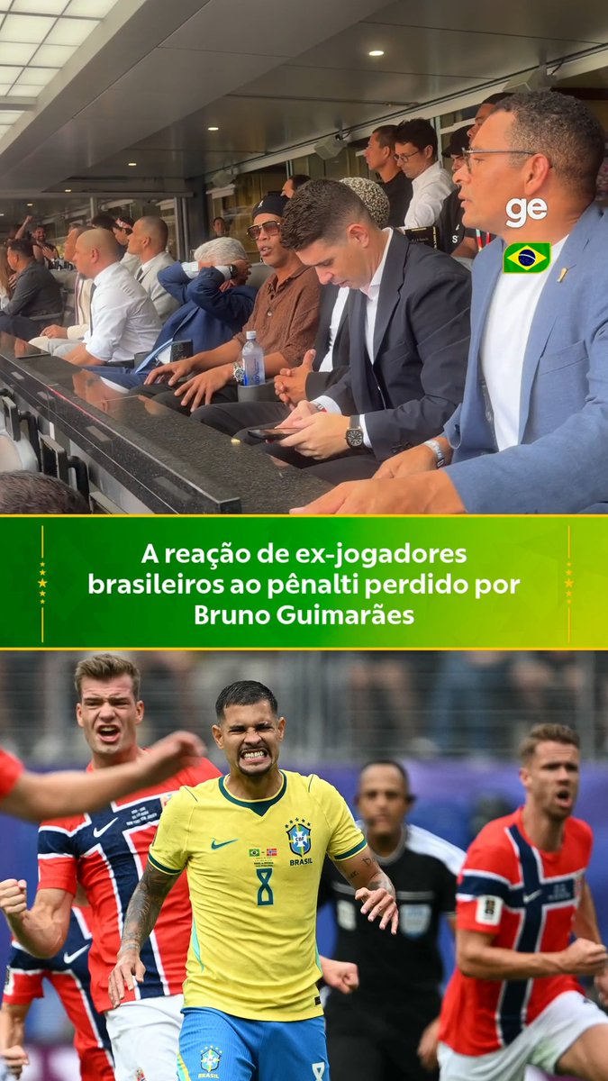 😕 Ex-jogadores brasileiros, incluindo campeões do mundo pela Seleção, lamentaram o pênalti perdido por Bruno Guimarães na partida contra a Noruega #GloboNaCopa #ge2026 #torcida #brasil #noruega