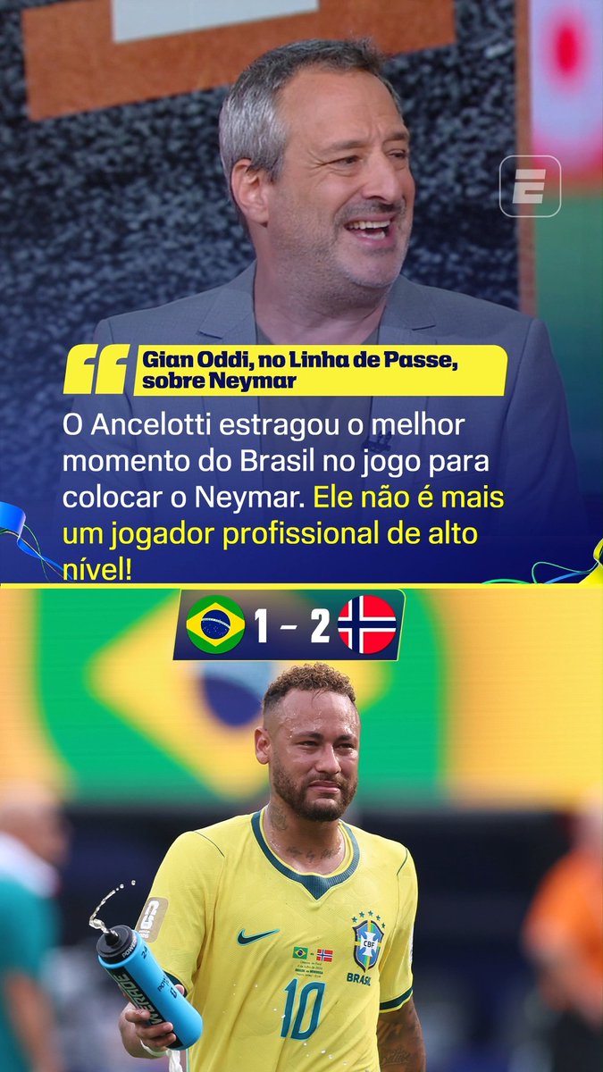 No Linha de Passe, Gian Oddi criticou Carlo Ancelotti, técnico do Brasil, pela decisão de colocar Neymar na partida diante da Noruega, a qual eliminou a seleção brasileira da Copa do Mundo, após derrota por 2 a 1. O comentarista ainda conta que todo o esquema de jogo, que estava funcionando e levando perigo ao rival, foi mudado para encaixar Neymar e que o camisa 10 já não é um jogador de alto nível. Assista à Copa do Mundo FIFA pela CazéTV, no #DisneyPlus, sem custo adicional. #ESPN2026 #FIFAWorldCup #Neymar