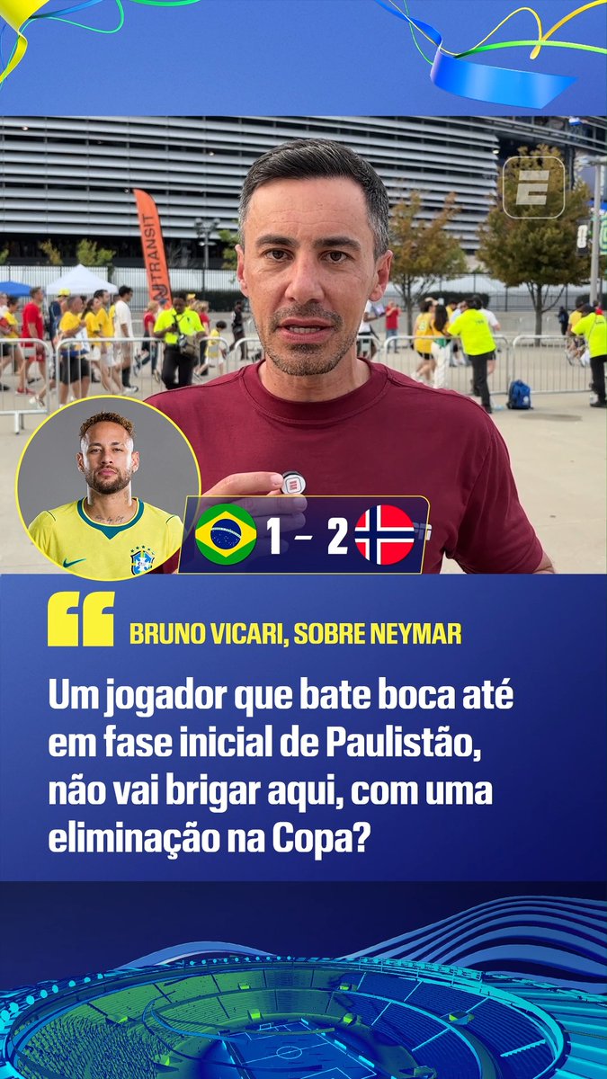Bruno Vicari deu sua opinião sobre a atuação do camisa 10 da Seleção Brasileira, Neymar, no jogo contra a Noruega, pelas oitavas de final da Copa do Mundo. 👉 Assista à Copa do Mundo FIFA pela CazéTV, no #DisneyPlus, sem custo adicional. #ESPN2026 #FIFAWorldCup #Neymar