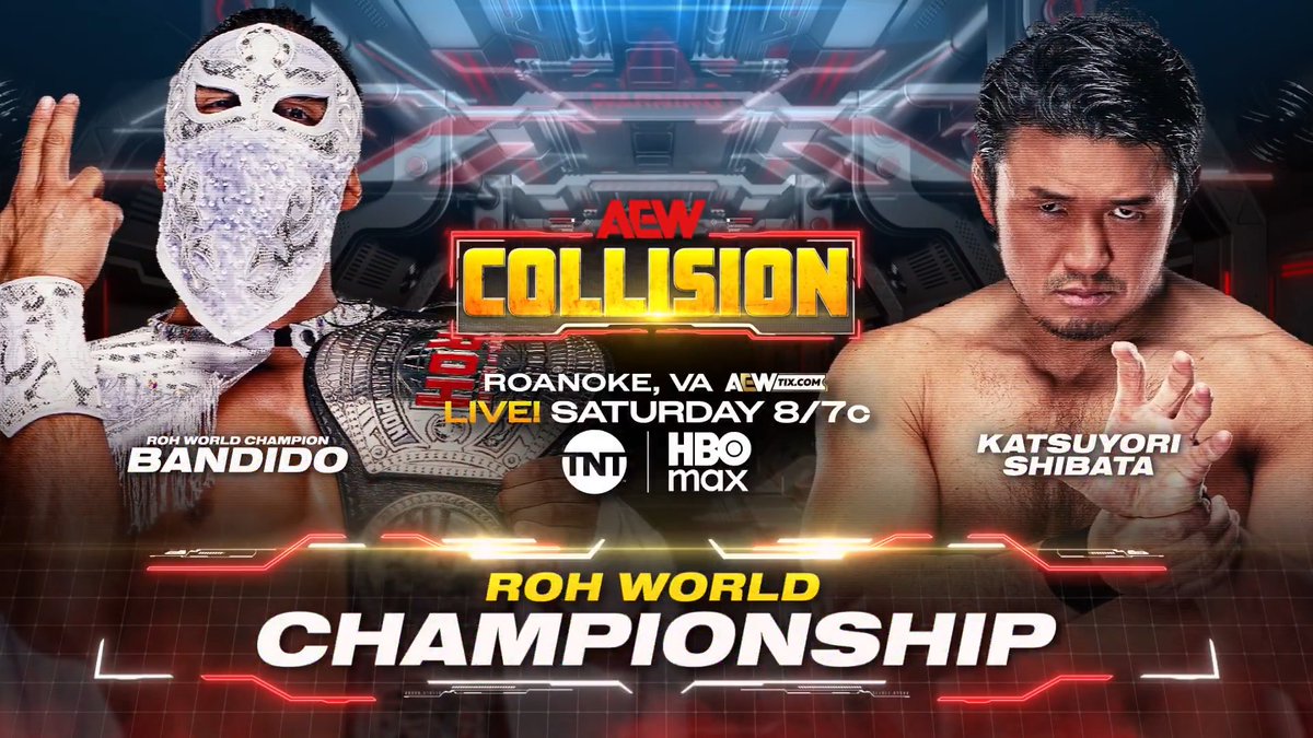 #AEWCollision 8/7c, TNT &amp; HBO Max Roanoke, VA NEXT SATURDAY, 7/11 ROH World Title @BandidoWrestler vs 柴田勝頼 / Katsuyori Shibata With a 19-0 win streak in ROH, Shibata has called out Bandido for a title shot! The Most Wanted puts his title on the line vs "The Wrestler" LIVE, NEXT SATURDAY!