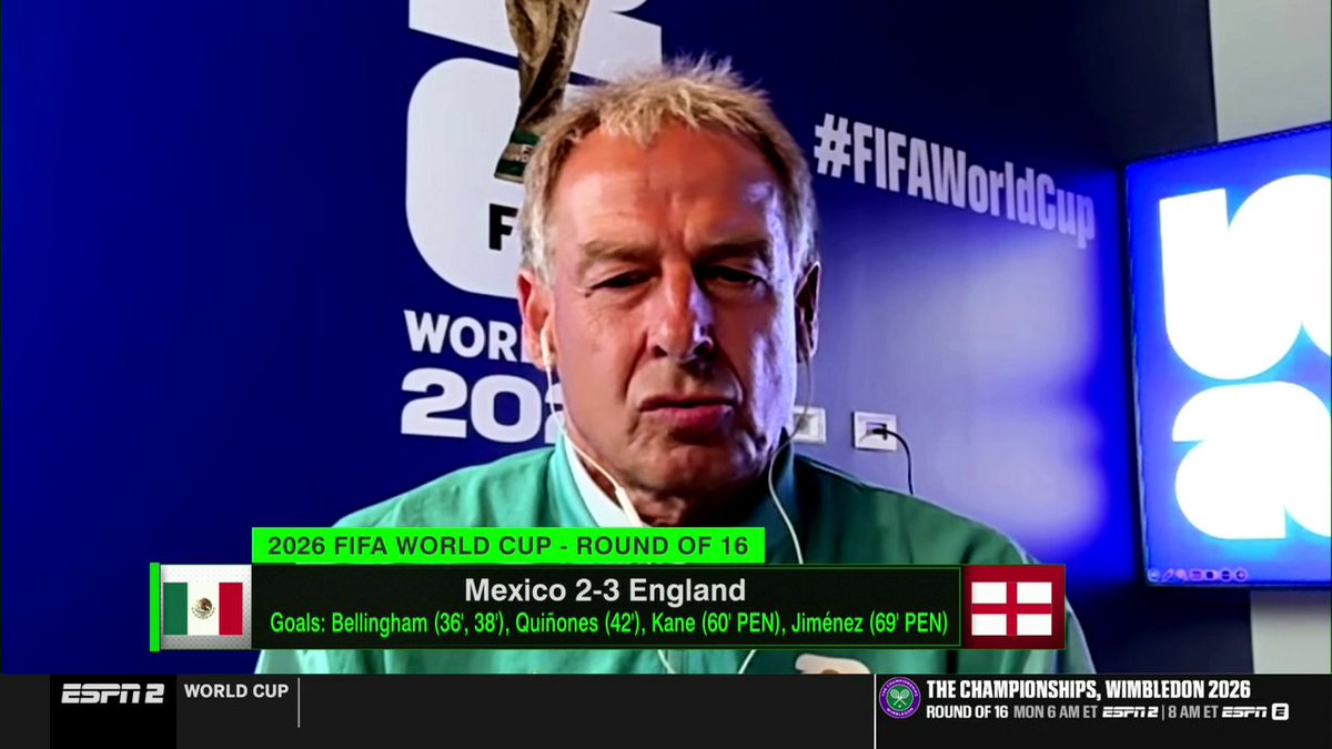 "Now I think they can dream big. I think England has a chance to bring it all home." Jürgen Klinsmann reacts to England's 3-2 win vs. Mexico in the Round of 16 ⚽️
