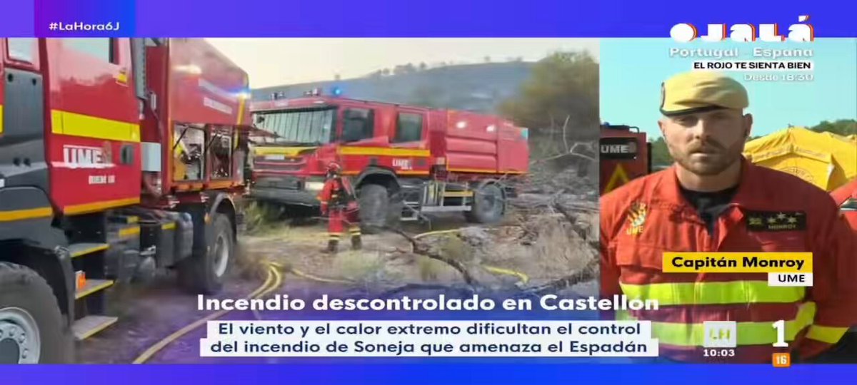 👩‍🚒 La UME a disposición de la dirección de la emergencia en #Soneja donde, desde la tarde de ayer, el personal desplegado está realizando tareas para acotar el perímetro del incendio. 🕢 Aquí tienes la última hora. 📹 Vía La Hora de La 1