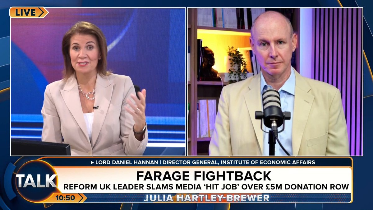 🚨Lord Hannan says the best thing for Nigel Farage would be a hostile investigation and ruling by authorities into the financial support he's received. "It allows him to say, 'the establishment was out to get me from day one'." Julia Hartley-Brewer | Daniel Hannan