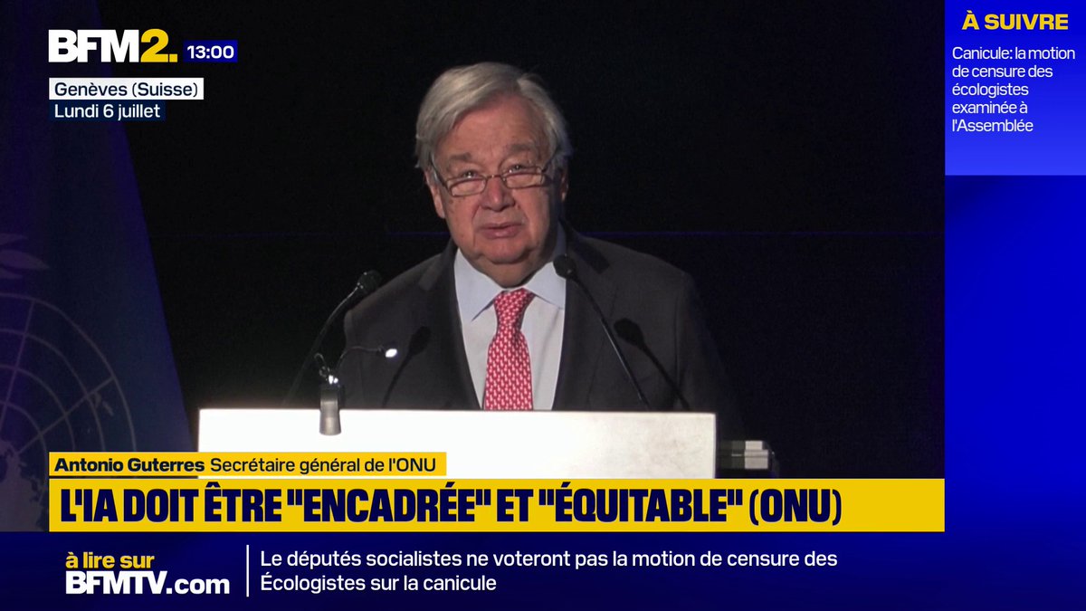 "Pour que l'IA soit puissante, elle doit être encadrée. Pour qu'on lui fasse confiance, ses concepteurs doivent rendre des comptes. Pour qu'elle soit mondiale, elle doit être équitable. Et pour qu'elle serve l'avenir, elle ne doit pas le détruire", prévient Antonio Guterres #BFM2