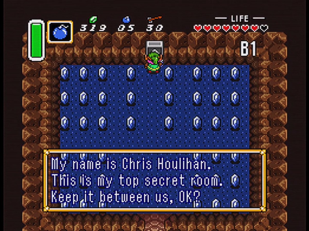 In the Fall of 1990, Nintendo Power held a contest for players to send in a photo of them finding WarMech, a very rare enemy found deep into Final Fantasy. While it's never been officially verified, there's some strong evidence that the winner of that contest was Chris Houlihan, and the prize was to get your name featured in a future Nintendo game. He was mentioned in one subsequent issue from 1998 as a contest winner in '92, Zelda's North American release year. As I'm learning while writing this, there's evidence that the winner was actually Chris's dad, immortalizing his son's name in one of the most unique video game stories out there. Kevin Hainline on YouTube posted a video with some fascinating insight and perspective on the story. ( In short, it seems that Chris was also named in the 1991 Game Boy version of Nintendo World Cup Soccer, where Terry was benched from the U.S. team in favor of the contest winner. The timing lines up really well. As for why his name is only found in the failsafe room in The Legend of Zelda: A Link to the Past, it probably lies with just the nature of game production. They clearly missed a deadline since they never gave Houlihan the later highlight that seemed to be the standard for the Power contests. Also if Kevin's story holds water, they were rightfully not happy with simply naming a team member "Chris" in a handheld title. So it actually makes sense his name gets put into this room. It's probably the highest caliber game they could add him to, in one of the only places the devs could reasonably put him. They had to have known some players would eventually find it, and it would be a mystery. I just wonder if anyone involved knew just how wonderfully complex and interesting it would be. The poetic thing is if everything I learned today is real, "Chris" appeared on the Game Boy, then appeared with his full name in the legendary SNES room, and now is book-ended with just "Houlihan" in Cadence of Hyrule on the Switch. A fascinating legacy spanning nearly three decades and consoles. #RetroGaming