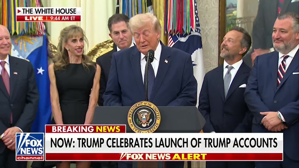 JUST IN: President Trump urges parents to sign their children up for Trump Accounts immediately, claiming that if they do, their kids will "become, actually, very rich." "If parents have not done so already, and they are doing so in record numbers, they should go right away to and sign their child up for a free investment savings account” “A child that has no money can have hundreds of thousands of dollars at a very, very young age. Accounts could grow to be worth numbers that nobody ever thought even possible."