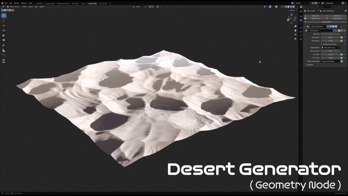 #blender #3DCG GeometryNodesで作った砂漠ジェネレーター！ キャラの設置の為に一部を平面化するシステムと、その境界にBlurをかけるシステムを入れています