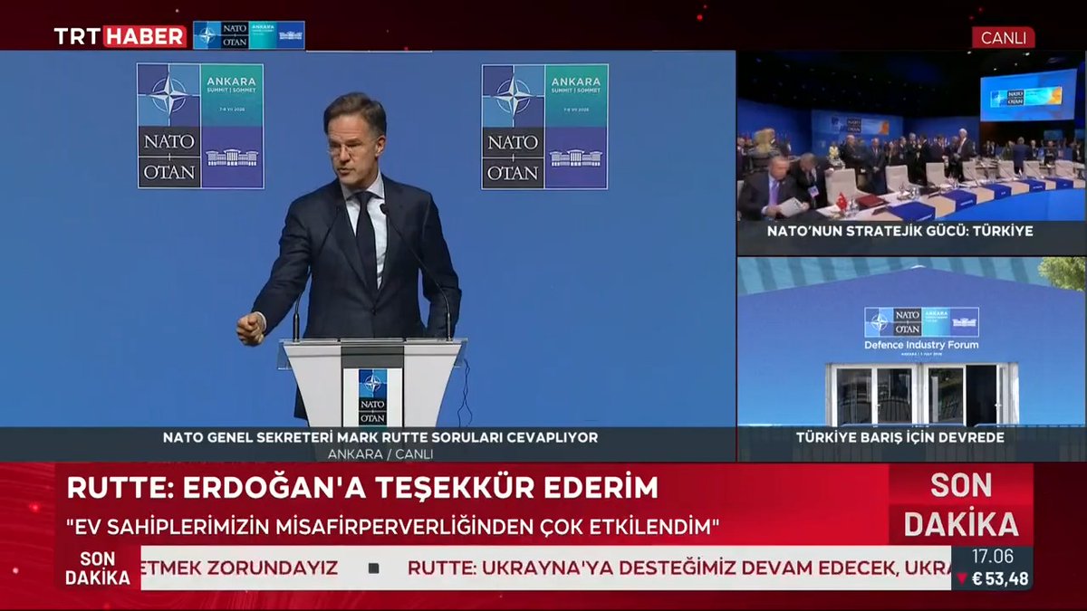 "Türkiye, NATO'nun güvenlik stratejisi için çok önemli" NATO Genel Sekreteri Rutte: Türkiye, NATO'nun en büyük askeri güçlerinden. Türk savunma sanayii de çok büyük yol aldı. Türkiye'nin NATO'daki liderliği önemli, konumu önemli, zirvenin burada olması çok önemli. #NATOsummit