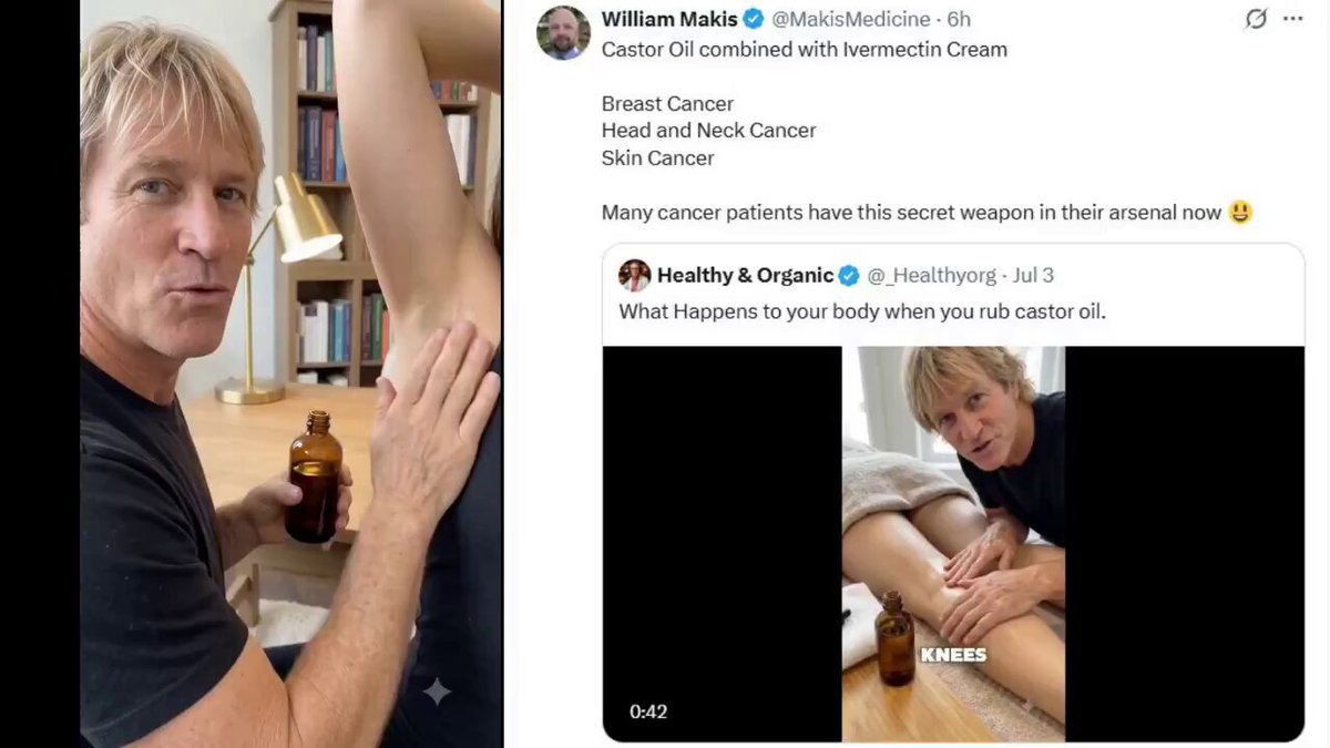 💥Oncologist Dr. Makis recommends topical application of castor oil + ivermectin cream to treat breast cancer, head and neck cancer, skin cancer, with remarkable results Many cancer patients have made this combination their secret weapon! He reposted this video on using castor oil—worth a watch👇 Gently massage organic cold-pressed castor oil into lymph areas like underarms, jawline, legs, and stick with it for a few days—you might notice: Skin feels tighter, fine lines fade Lymph swelling eases up, whole body feels way more relaxed Joint aches subside, sleep quality improves Many folks report: Liver spots lighten, nerve pain eases, even constipation clears up!