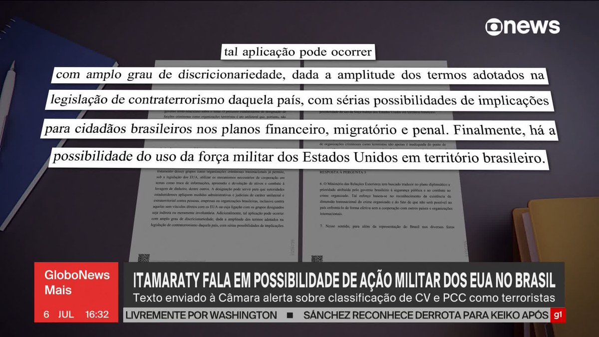 Itamaraty diz à Câmara que classificar CV e PCC como terroristas abre margem para ação militar dos EUA no Brasil. #GloboNewsMais ➡ Assista à #GloboNews:
