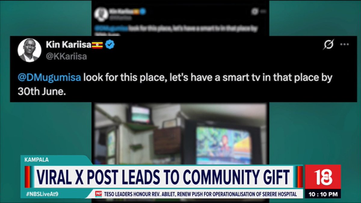 A viral X-post has paid off for one of the station's loyal viewers. This is after NBS employee Mutatiina called on Next Media Group CEO Kin Kariisa🇺🇬 to help a loyal viewer who watches NBS on an old television at his clinic. Nakyanzi Hasfah #NBSLiveAt9 #NBSUpdates