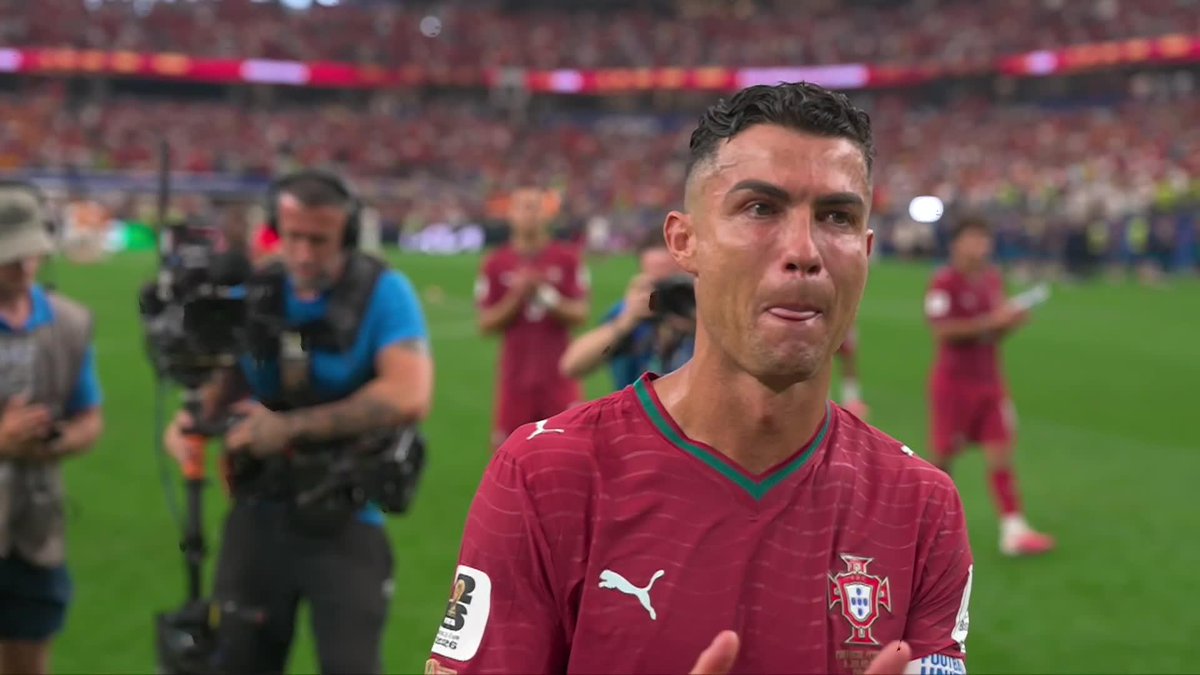 Cristiano Ronaldo gets emotional as he walks off the pitch for the final time at a #FIFAWorldCup 😢