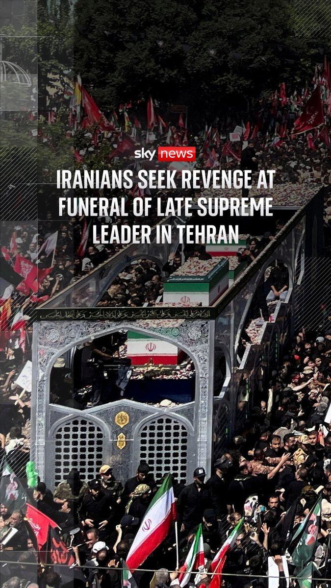 Millions of Iranians came out for the funeral procession of late supreme leader Ali Khamenei. Crowds waved flags and carried placards, some of which were branded with threats against Trump and Netanyahu. Sky's Dominic Waghorn reports ⬇️ Iran war latest: