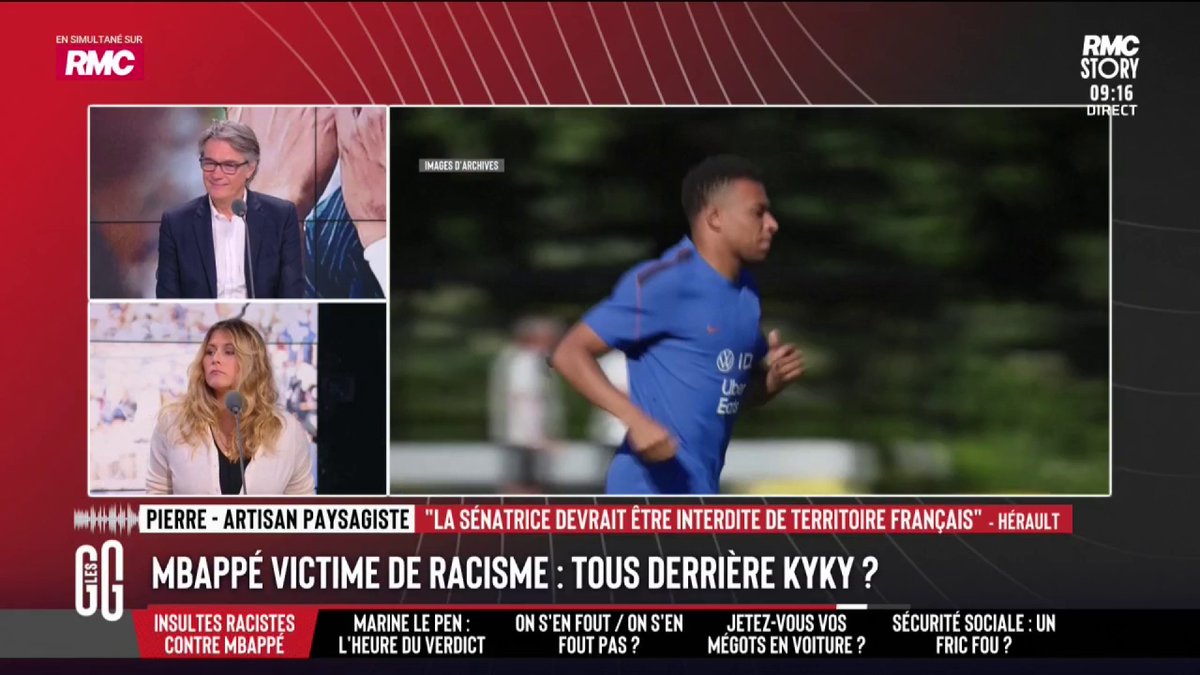 ⚽️ Victime de racisme, Mbappé répond à une sénatrice paraguayenne. 📞 Pierre, paysagiste : "J'ai le cœur républicain qui saigne. Cette femme qui passe ses vacances à Saint-Tropez : qu'on la foute dehors. Interdiction de venir en France... même en Europe !" #GGRMC