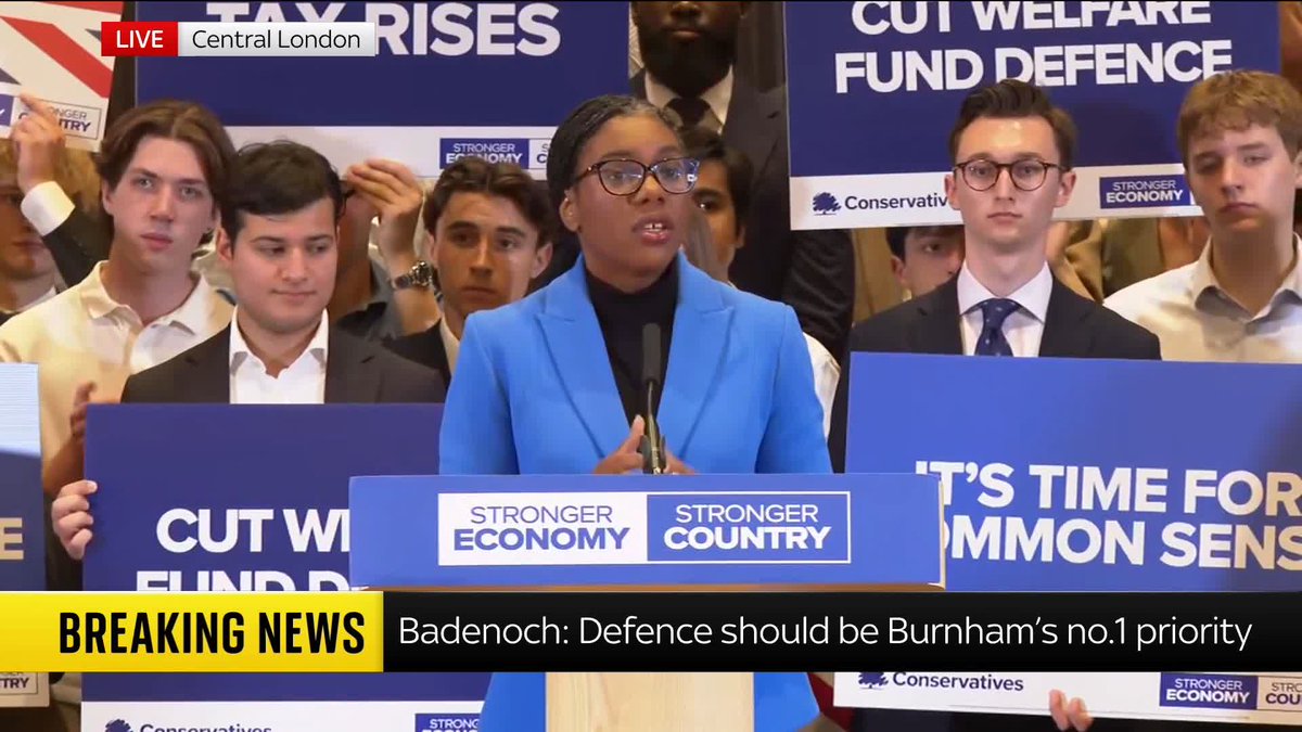 "We have worked up a plan to save billions on welfare and spend that money on defence instead." Conservative leader Kemi Badenoch delivers a speech in London as the prime minister attends the NATO summit in Ankara. 📺 Sky 501 and YouTube