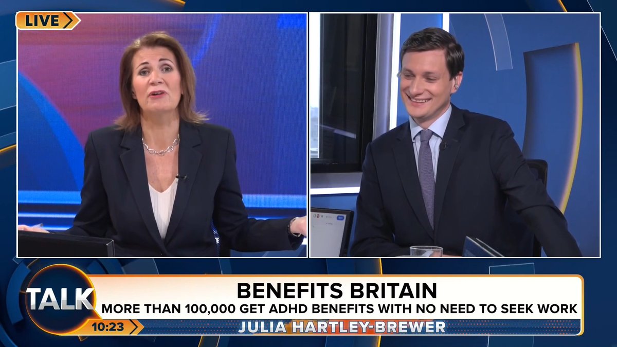 🚨"I do NOT understand why having ADHD means you can't get a job! Don't claim you've got a mental health disability." More than 100,000 people with ADHD are getting disability benefits with no need to look for a job - up 40% under Labour. Julia Hartley-Brewer
