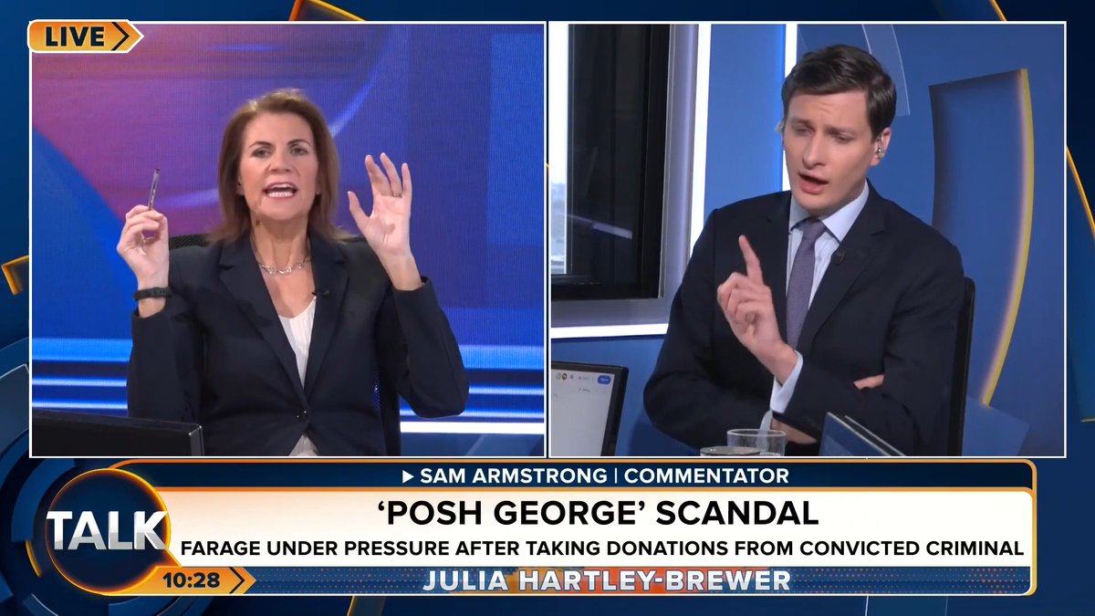 🚨Julia Hartley-Brewer clashes with Sam Armstrong over Nigel Farage's donation scandals. Sam: "It pales into insignificance compared to the problems this country faces. I'm fed up with this!" Julia Hartley-Brewer: "No, no, no! It is STILL relevant who is funding a politician!"