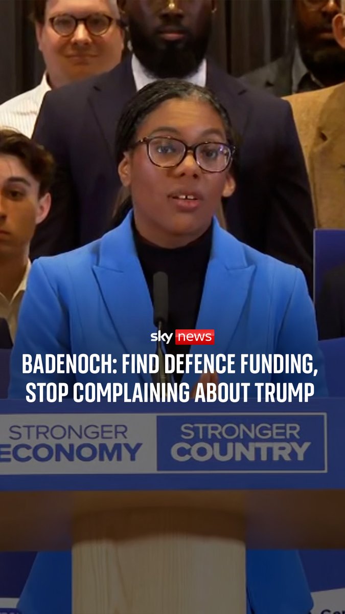 Kemi Badenoch has said the focus of conversations around defence spending should be on finding funding rather than 'complaining about hurty words', referring to Trump's criticism. She was responding to a question asked by Sky's Alexandra Rogers.