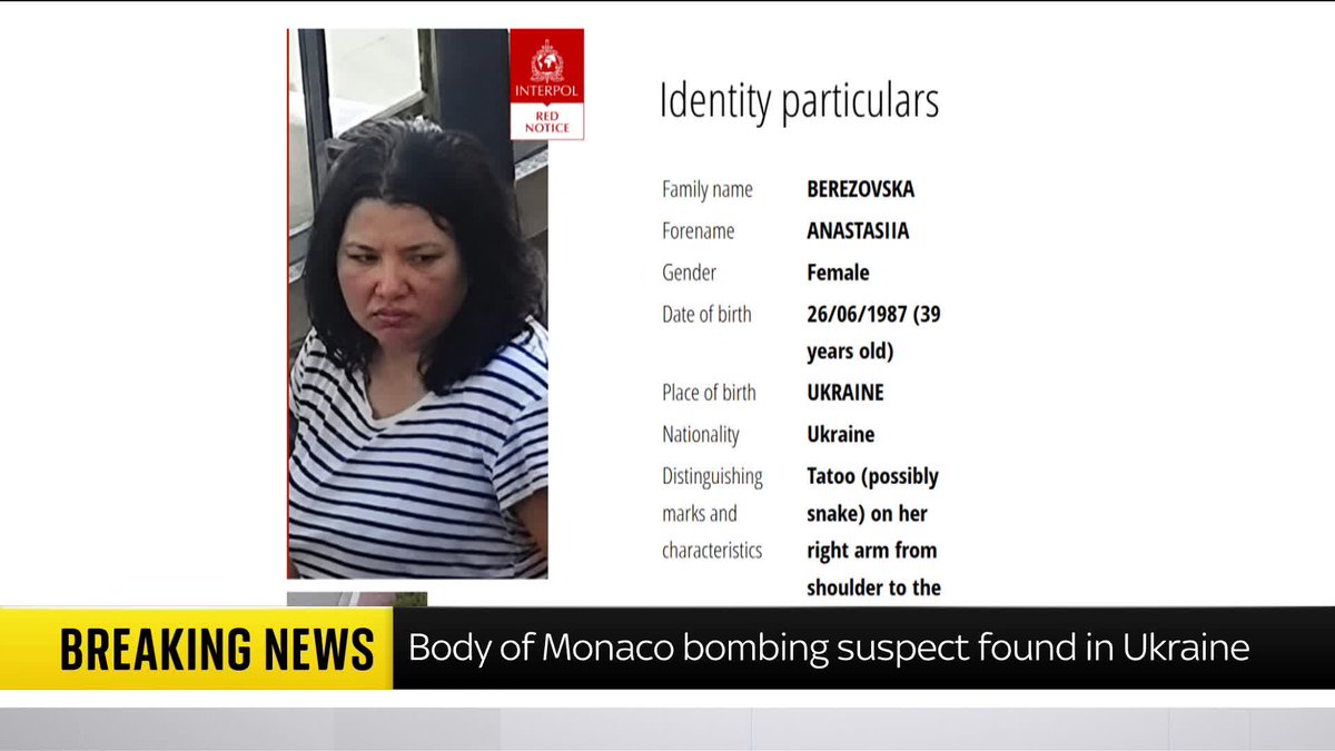 BREAKING: The body of a Ukrainian woman suspected of carrying out a bomb attack in Monaco has been found in Ukraine, the prosecutor's general office says. 📺 Sky 501 and YouTube