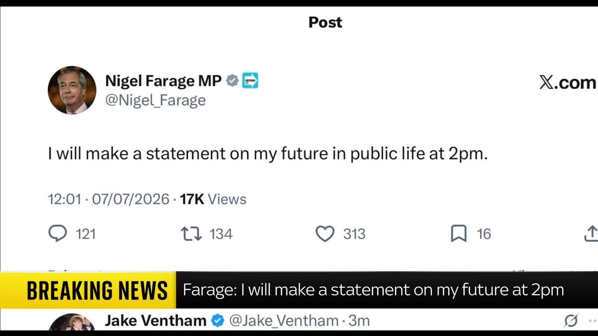 BREAKING: Nigel Farage has posted on social media saying he will be making an announcement this afternoon "about his future in public life". 📺 Sky 501 and YouTube