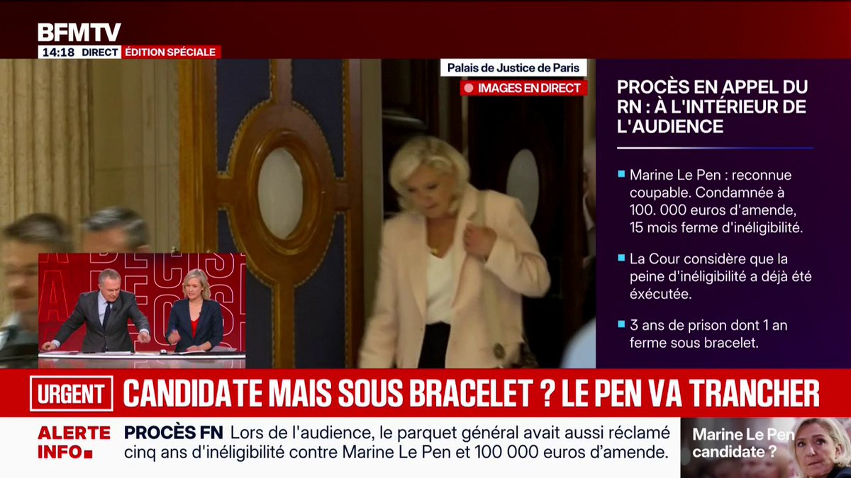 Procès en appel du RN: condamnée à 1 an de prison ferme sous bracelet électronique, Marine Le Pen quitte le palais de justice