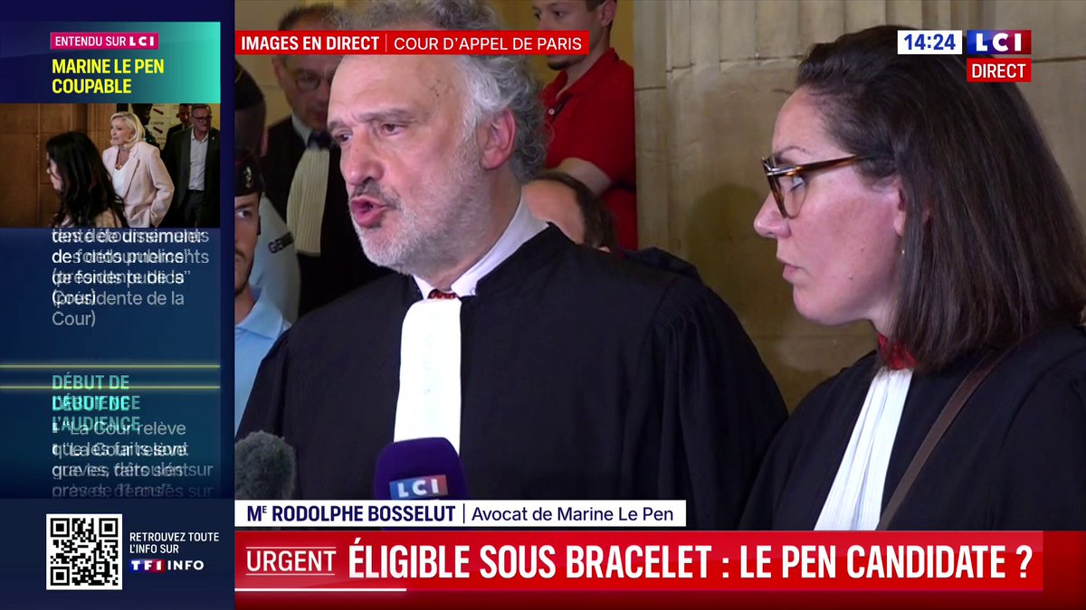 🔴 Procès en appel de Marine Le Pen : "Nous allons réfléchir à l’ensemble de la décision cet après-midi. Nous communiquerons ultérieurement sur les suites éventuelles" 💬 Rodolphe Bosselut, avocat de Marine Le Pen