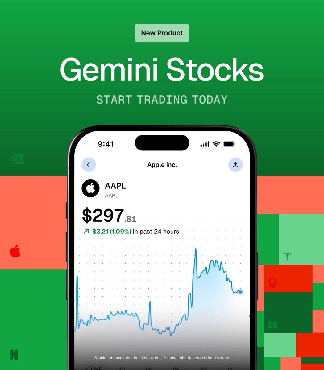 Your watchlist called. Stocks are now available on Gemini 📊 → Thousands of US stocks & ETFs → Zero commissions → Fractional shares → One super app for all your finance needs