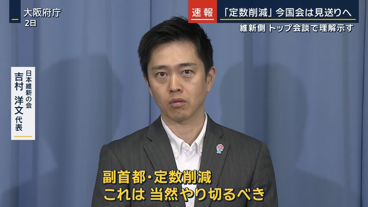 【速報】“定数削減”今国会見送りへ…党首会談で維新が理解示す | ▼会談はわずか7分で終了 高市早苗 総理大臣 「今国会の会期が残り少なくなる中で、残る議員提出法案の取り扱いなど、今後の進め方について、自民党総裁として意見交換を行った。詳細については、答えを差し控える」 国会では先週、衆参両院の全ての野党が集まり、法案審議に応じないことを決定 →与党が成立を目指す『定数削減』と『副首都構想』の強引な審議入りが理由 →自民と維新は2つの案の審議を野党不在のまま“続行” 吉村代表は会期を延長してでも『定数削減』『副首都』を成立すべきと訴えてきた 日本維新の会 吉村洋文 代表(2日) 「副首都・定数削減。これは、当然やり切るべきだ。有権者と約束したことでもあり、自民党にとっても公約でしょ。やらないなんかあり得ない」 ▼参議院は正常化も野党は両法案の撤回を改めて求める方針で一致 中道改革連合 重徳和彦 国対委員長 「安易な、ましてや大幅な(会期)延長などということは、我々野党側として、認められない」 会期末まであと10日になって“落としどころ”を探るかのような発言も 国民民主党 玉木雄一郎 代表 「副首都に関しては概念としては分かる。つまり“大阪ありき”ではないと。実際、興味を示している所もあるから。そういうことをもう少し修正すれば、中身的には私は十分、合意点に達することができる内容」 国民民主・榛葉幹事長と維新・遠藤国対委員長が自民・松山参院議員会長のもとへ訪れる場面も 国民民主党 榛葉賀津也 幹事長 (Q.会談が行われて…) 「会談というか、旧知の3人なので、久しぶりに、顔を合わせようかと。やはり皇室典範は必ず可及的速やかに、成し遂げなければならないと一致した」 ▼自民・維新の党首会談後に吉村代表は… 日本維新の会 吉村洋文 代表 「皇室典範・副首都法案・議員定数削減法案についての、今後の進め方について協議をしました。中身について、なかなかここではお伝えできませんが、あす以降、野党との関係もあります。国対委員長間で、協議を進めていくことになりました」 『定数削減』と『副首都』法案の扱いについてはー 日本維新の会 吉村洋文 代表 「今の時点では当然、取り下げるものではない」 (Q.会期延長の話は出たか) 「延長の話は無いです。議員定数の削減は改革のセンターピンだと思いますし、公約にも掲げました。当然、やり切るべきだ。その考え方には今も変わりはありません」 自民党幹部によると自民側は『副首都』については今国会で成立を目指す一方で、『定数削減』の成立は見送る方針を固める →自民側の考えに維新側も理解を示す