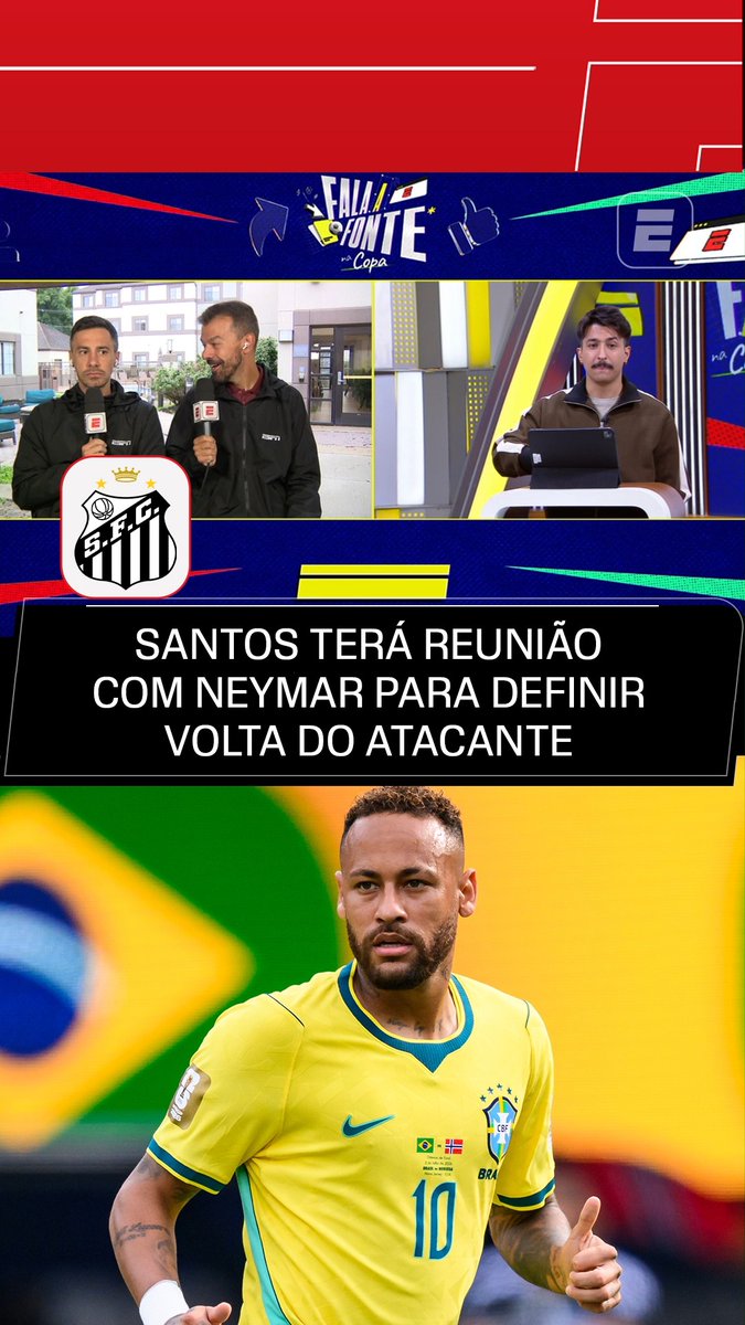 🚨 Santos terá uma reunião amanhã com o estafe de Neymar para definir a volta do astro. O camisa 10 viajou para Orlando para curtir alguns dias de folga com a família. O Santos se sente seguro em relação ao contrato até o fim do ano, mas existe um "mistério" nos bastidores da Vila Belmiro sobre se Neymar realmente voltará. Fato é que Neymar não deseja seguir no Santos em 2027. O craque tem outro planejamento de carreira para a próxima temporada. 🗞️ | 🎥 ESPN Brasil SportsCenter Brasil Felipe Silva