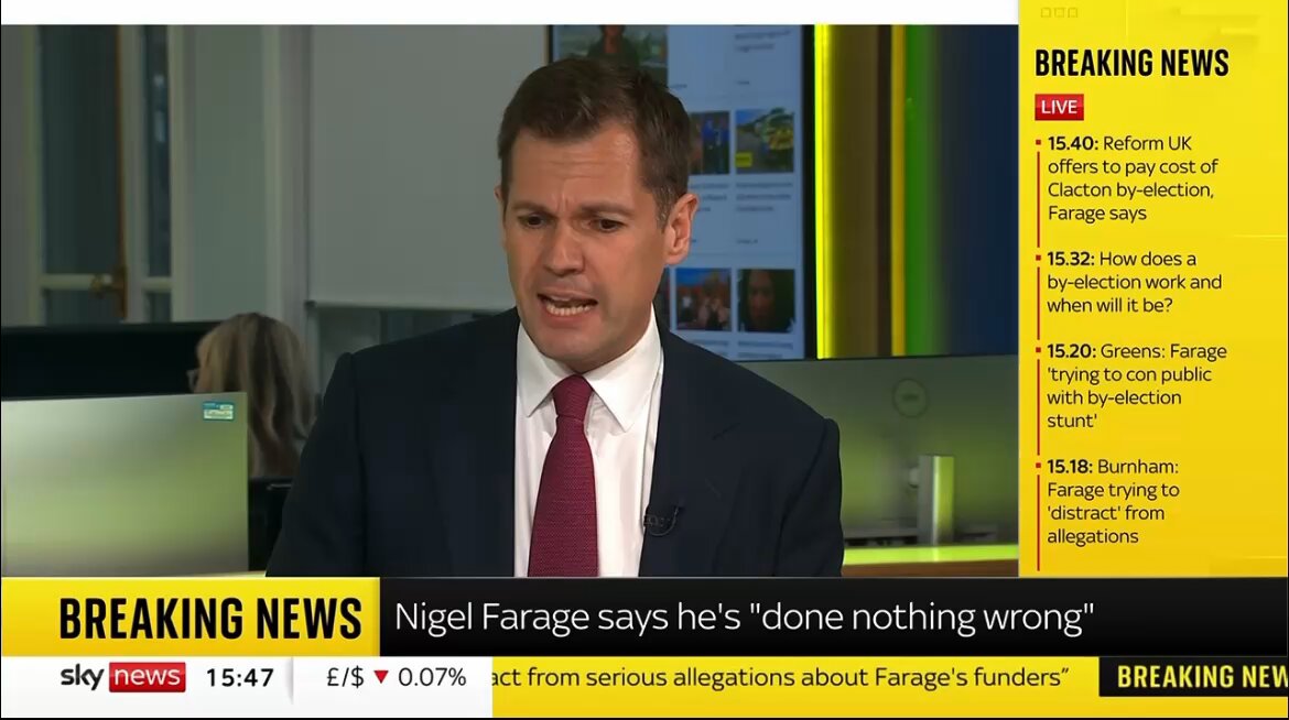 Reform’s Robert Jenrick has an absolute meltdown on Sky news when challenged with a statement that Sky hadn’t even spoken to Nigel Farage’s daughter. #clacton