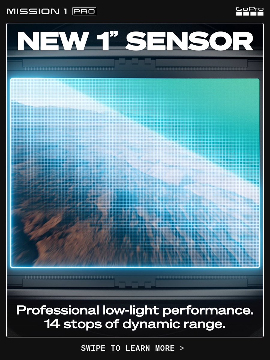 #GoProMISSION1 PRO Deep Dive—Part 2 of 6 🎥 A new, cutting-edge 1-inch sensor means incredible dynamic range, even in the darkest environments. Low-light performance like you've never seen from a GoPro, with up to 14 stops of dynamic range at the sensor. Think rich shadow detail, crispy highlights, + true-to-life color with minimal noise and no AI artifacts. The new 1-inch sensor gathers 77% more light per pixel than the competition at 8K, holding detail where other cameras give up. For the darkest scenes, Low Light Mode switches the camera to 4K for Quad Bayer capture, combining 4 pixels into 1 to quadruple each pixel's light-gathering area. Add HLG HDR with dual gain readout—capturing multiple exposures simultaneously to eliminate the ghosting you'd normally get from sequential bracketed HDR—and the result is clean, cinematic footage from high noon to pitch black. Then we take it one step further with 3 built-in Night Effects Modes: Star Trails, Vehicle Light Trails, + Light Painting to change the way you see the world after dark. All of this, in a camera over 85% smaller by volume and over 75% less expensive than the next camera in the 8K60 class. Shop MISSION 1 PRO at or at your local retailer 🛒 #GoPro #Cinematic #Videography