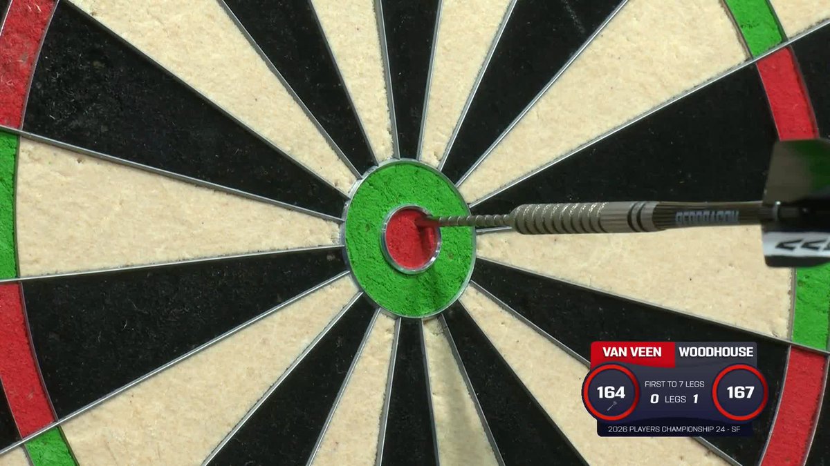 A WHOPPER FROM VAN VEEN! Gian van Veen takes out a huge 164 checkout to get his first leg on the board and level the contest against Luke Woodhouse! 📺 #PC24