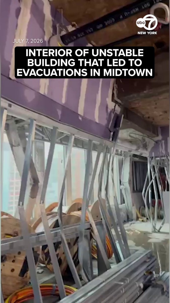 Several floors of a Midtown Manhattan office building that's under construction are caving in, prompting the evacuation of several adjacent buildings and street closures. Video from inside an unstable building appears to show bent beams.