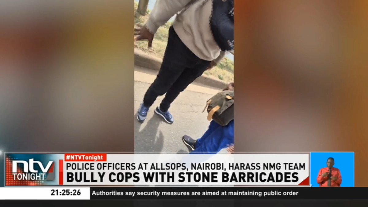 Bully Cops With Stone Barricades: Police officers confronted Nation Media Group journalists, ordered them to stop filming, delete footage, and briefly confiscated their equipment at a roadblock at Allsops in Nairobi. #NTVTonight @MichelleNgele_@MargaretKimath6