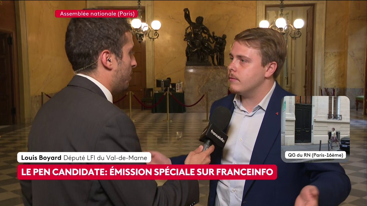 🔴 2027 : Marine Le Pen candidate à la présidentielle "C'est tout de même assez original en sortant du tribunal [de] demander aux Français de lui faire confiance alors qu'elle a été condamnée", estime le député LFI Louis Boyard, pour qui elle a "tapé dans la caisse". #canal16