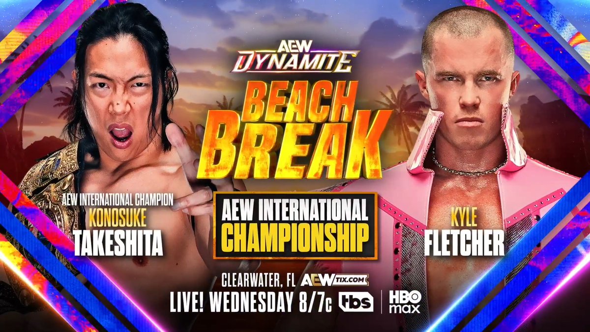 #AEWDynamite Beach Break 8/7c, TBS & HBO Max Tomorrow, 7/8! AEW International Title Konosuke Takeshita vs @KyleFletcherPro Fletcher has his shot to bring the International Title back to The Invisible Hand Family when he battles his former friend Takeshita, TOMORROW!