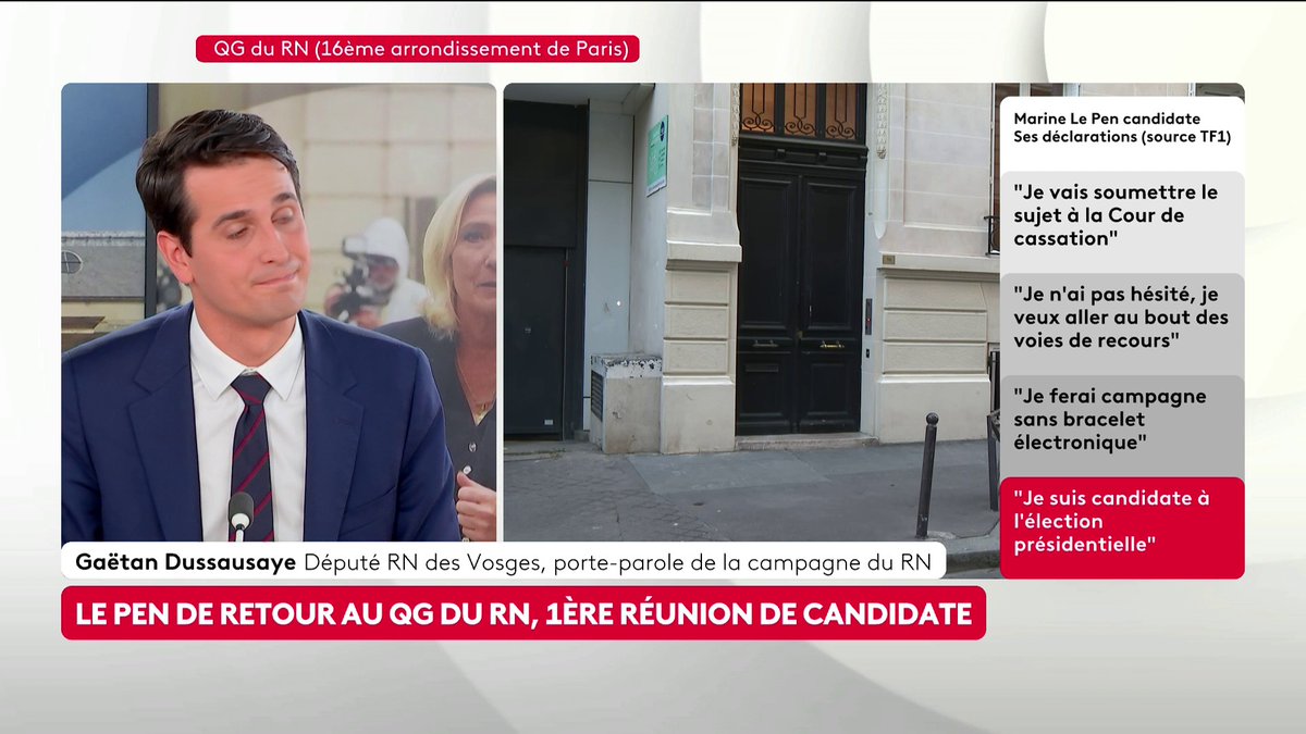 🔴 2027 : Marine Le Pen candidate "C'est justement parce que Marine Le Pen est innocente qu'elle se pourvoie en cassation [et] qu'elle retrouve l'intégralité [de sa] présomption d'innocence", justifie Gaëtan Dussausaye, député et porte-parole du RN. #canal16
