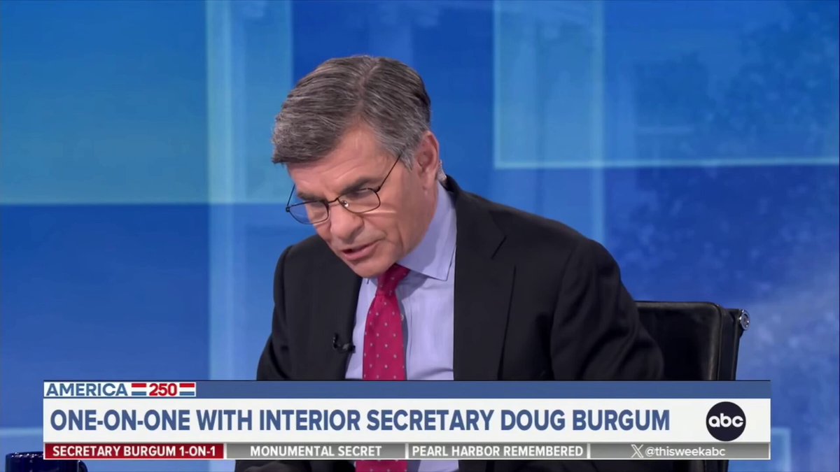 🚨 LMFAO! George Stephanopoulos just embarrassed himself on the Reflecting Pool "Fixing it would cost $2M, now it's $15M, and the pool is still closed. What went wrong?" SEC. DOUG BURGUM: "It WAS leaking 45,000 gallons PER DAY! It was attempted to be fixed in the past...it's now NOT leaking. The water is now clear. Fences were up for the word's largest fireworks show!" He's clueless!