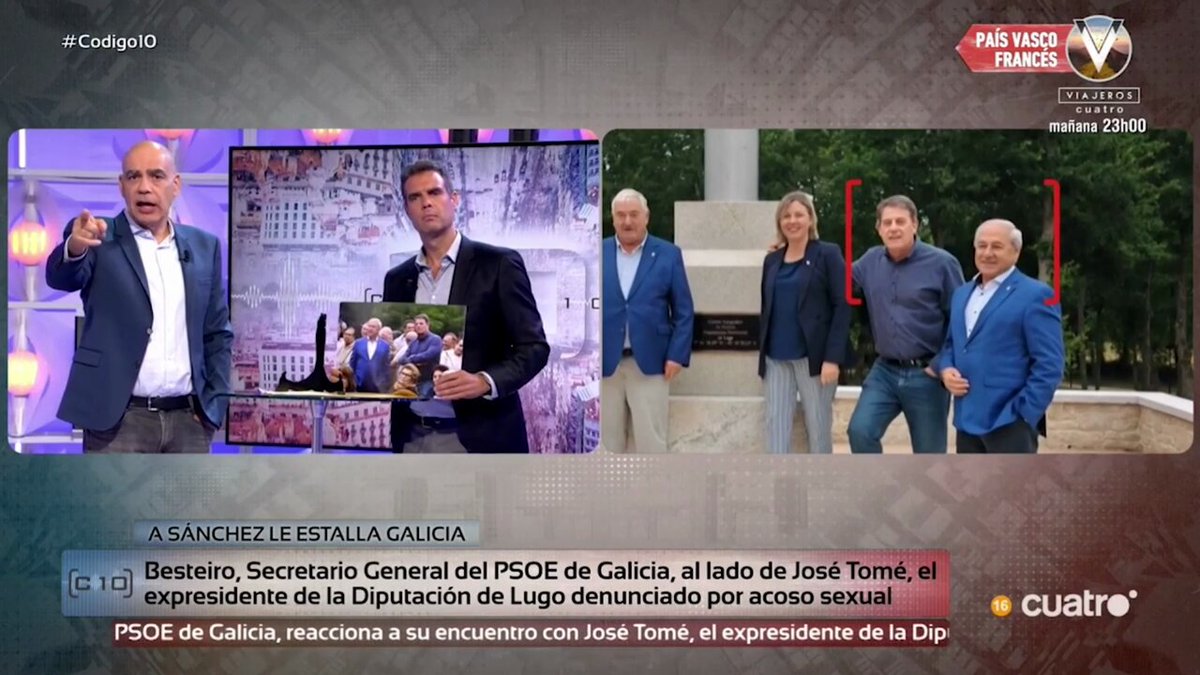 Besteiro, secretario general del PSOE de Galicia, aparece junto a José Tomé, expresidente de la Diputación de Lugo denunciado por acoso sexual. 🔴 #Codigo10 en Cuatro con Nacho Abad 🇺🇦 y David Aleman ➡