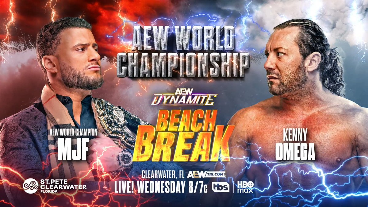 #AEWDynamite Beach Break 8/7c, TBS & HBO Max Tomorrow, 7/8! AEW World Title Maxwell Jacob Friedman™️ vs Kenny Omega Omega made a deal with the Devil. If he can't defeat MJF for the AEW World Championship, he can never challenge for the title again. Omega vs MJF, TOMORROW!