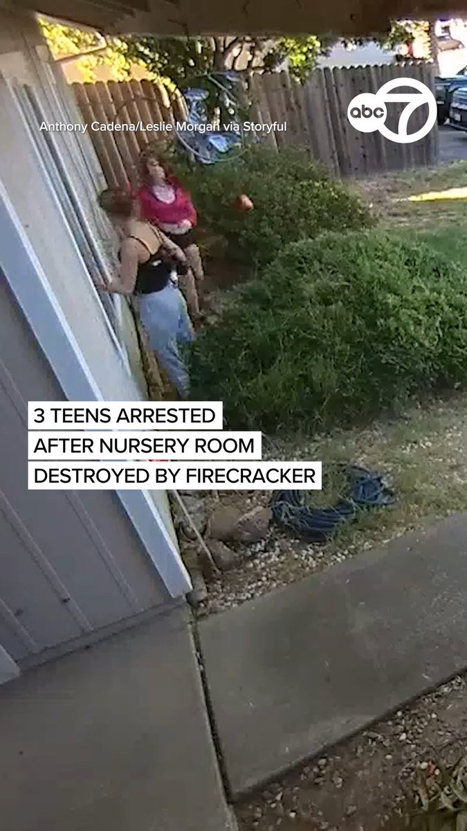 Three teenage girls have been arrested on suspicion of arson after a firecracker was thrown into the nursery room of a home in Northern California. Footage shows two girls walking up to the home and then one lights up and throws a firecracker through one of the windows.
