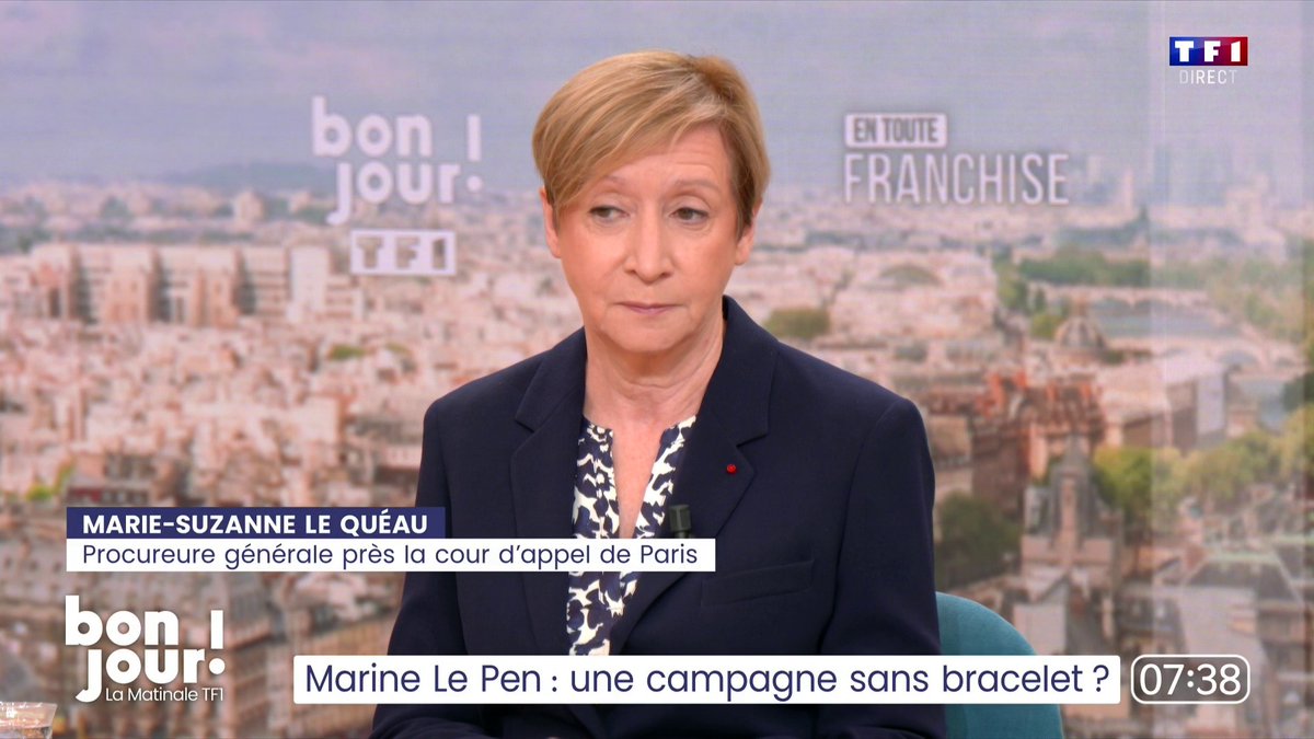 ▶️ Marine Le Pen : une campagne sans bracelet ? 🗣️ "Marine Le Pen est à nouveau présumée innocente. Lorsque l'on fait un pourvoi en cassation, la peine est suspendue." 💬 Marie-Suzanne Le Quéau, procureure générale près la cour d'appel de Paris