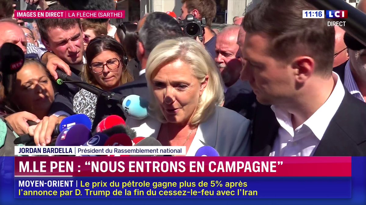 💬 "Je suis innocente" affirme Marine Le Pen depuis La Flèche (Sarthe), aux côtés de Jordan Bardella pour son premier déplacement de campagne